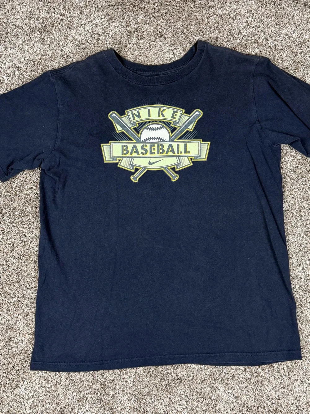Y2K Sz XL Youth Nike Boys Navy Tee with Yellow Baseball Graphic Center Swoosh